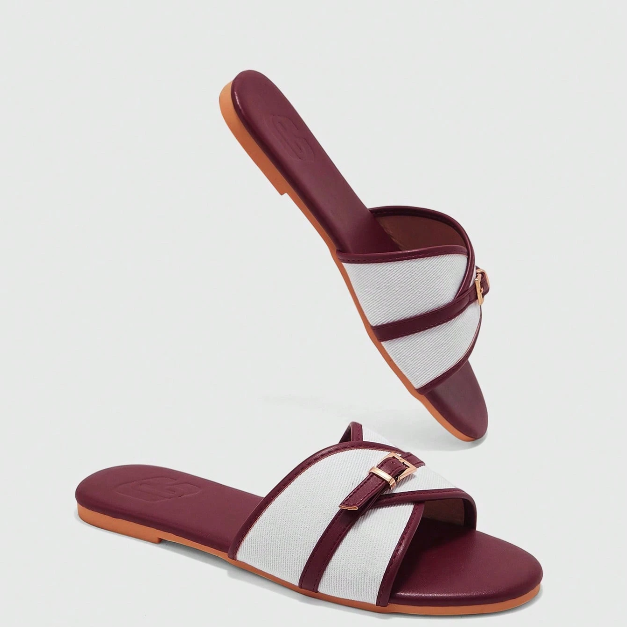 Flat Slide Sandals with Buckle Strap for Women in Brown - Strap Detail