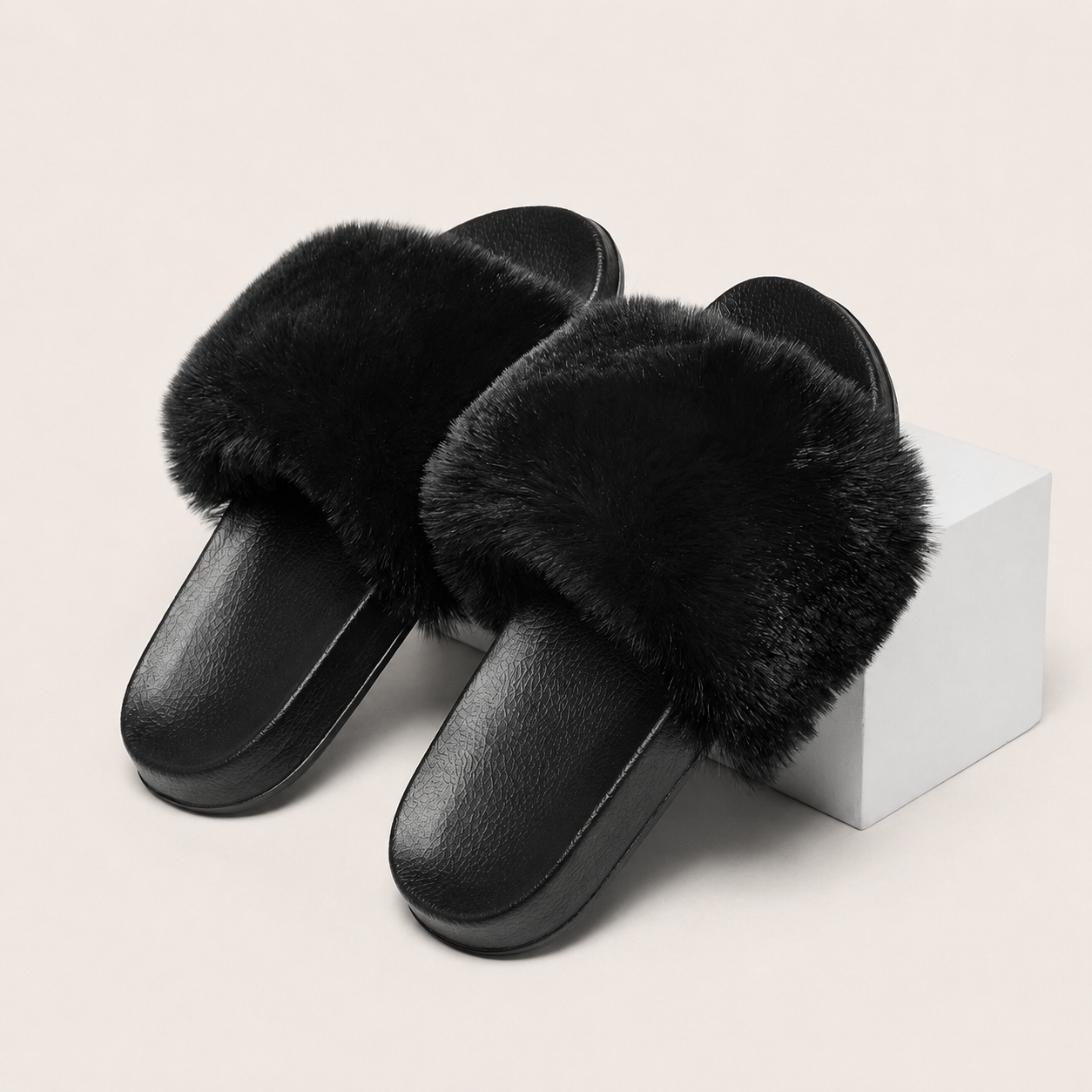 Faux Fur Platform Slide Slippers For Indoor Wear