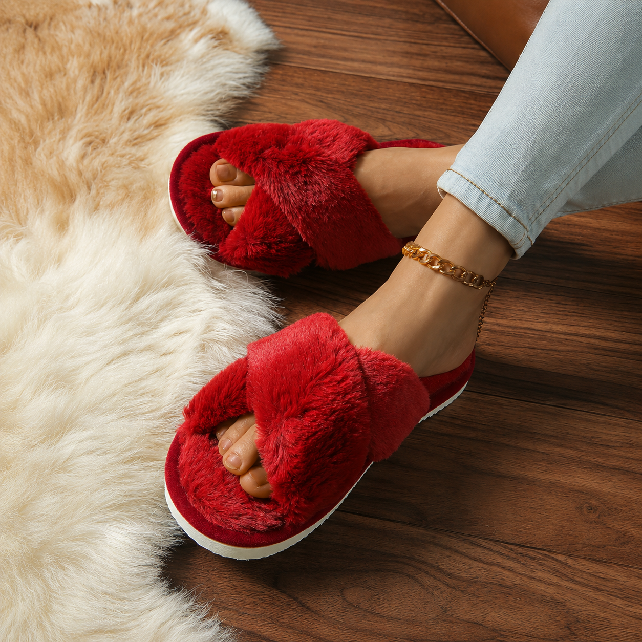 Criss Cross With Fluffy Indoor Comfy Slippers