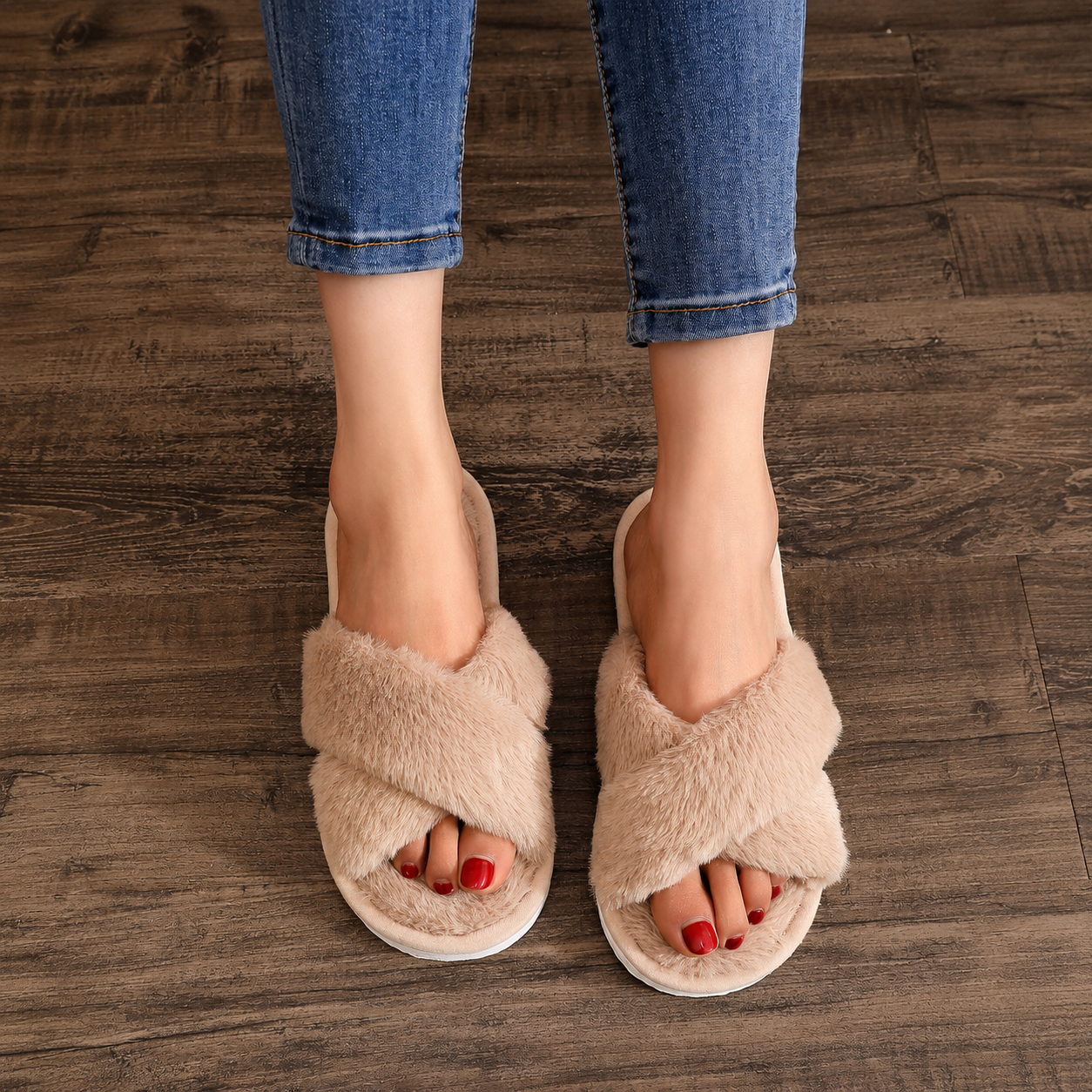 Criss Cross With Fluffy Indoor Comfy Slippers