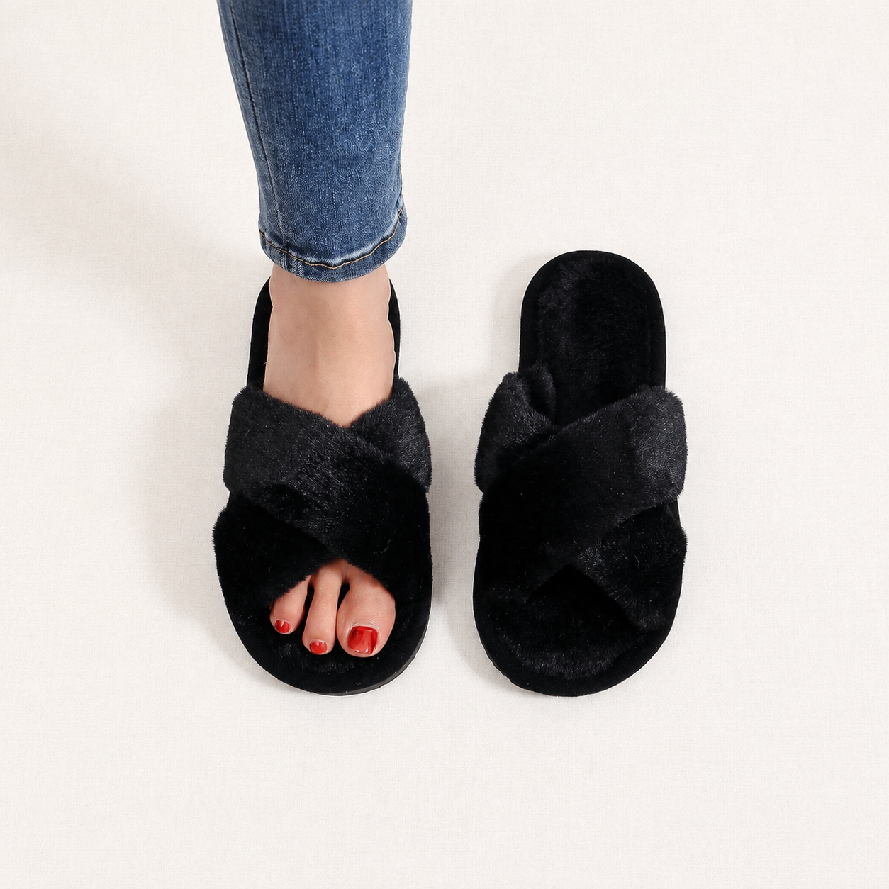 Criss Cross With Fluffy Indoor Comfy Slippers