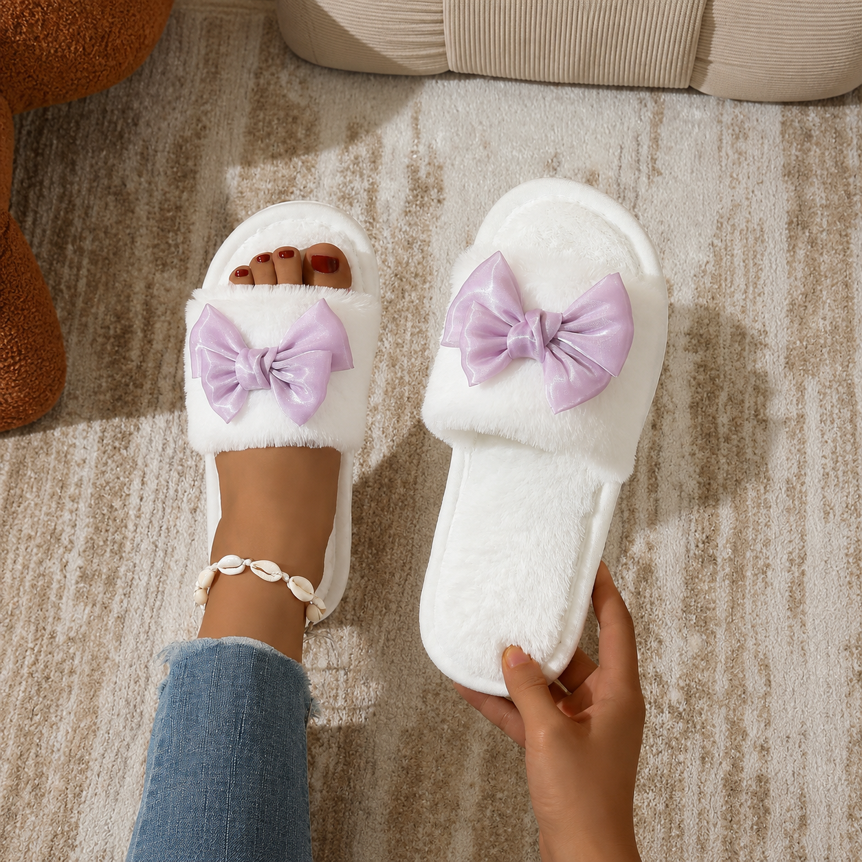 Bowknot Furry Strap Indoor Cozy Slippers
