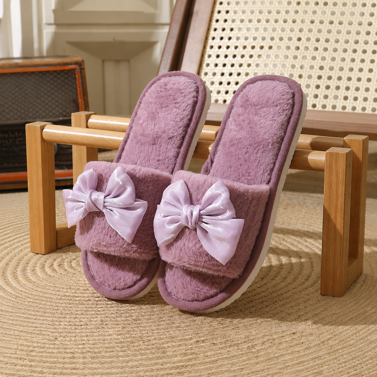 Bowknot Furry Strap Indoor Cozy Slippers