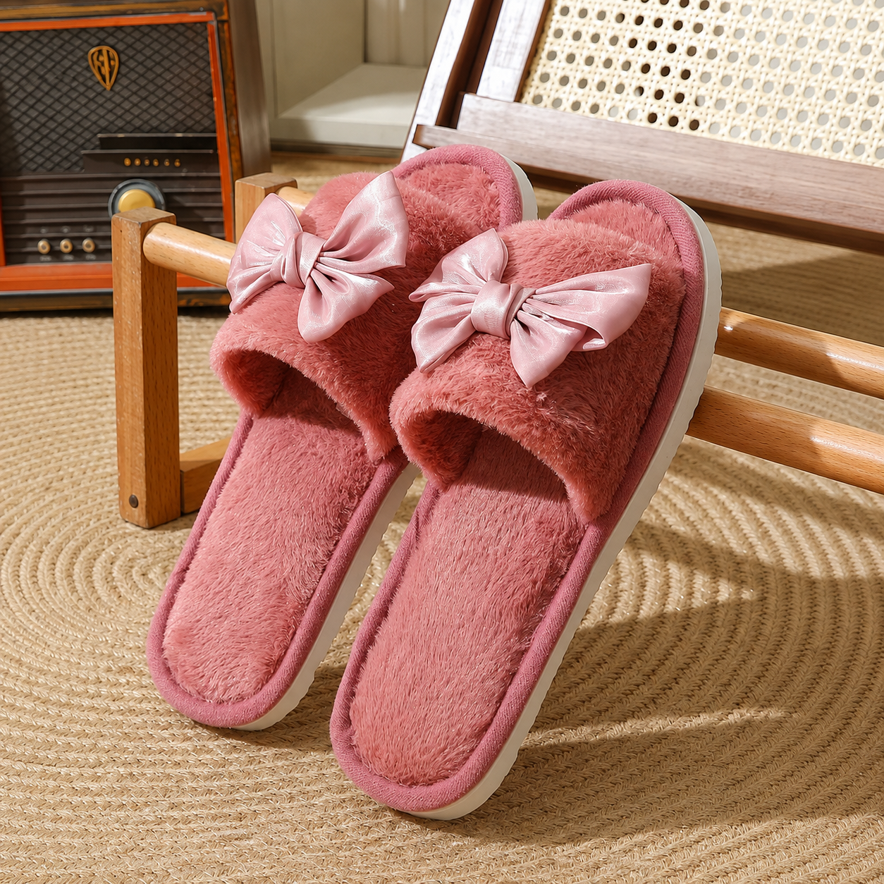 Bowknot Furry Strap Indoor Cozy Slippers