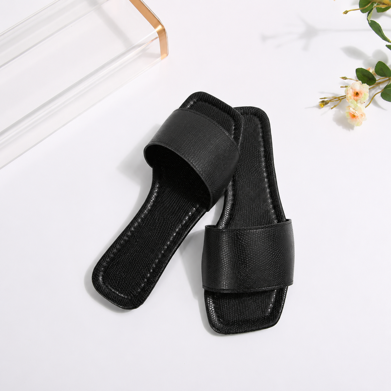 Square Toe Slip On Flat Slide Sandals For Girls