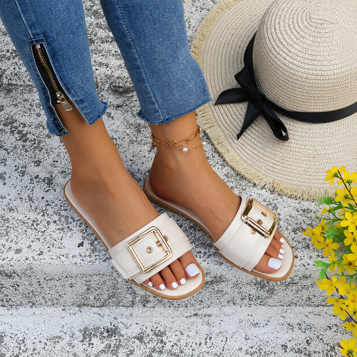 Buckle Strap Flat Slide Sandals for Women