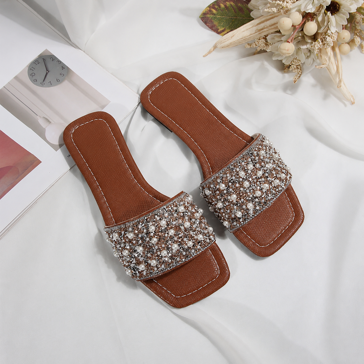 Classic Slip On Flat Sandals With Sparkling Detail For Women