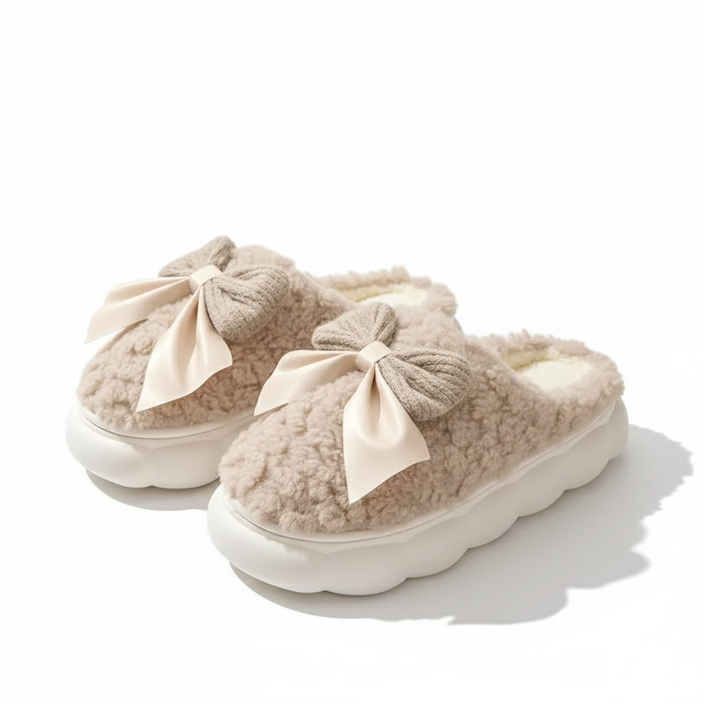 Indoor Fleece Slippers With Bow Accent