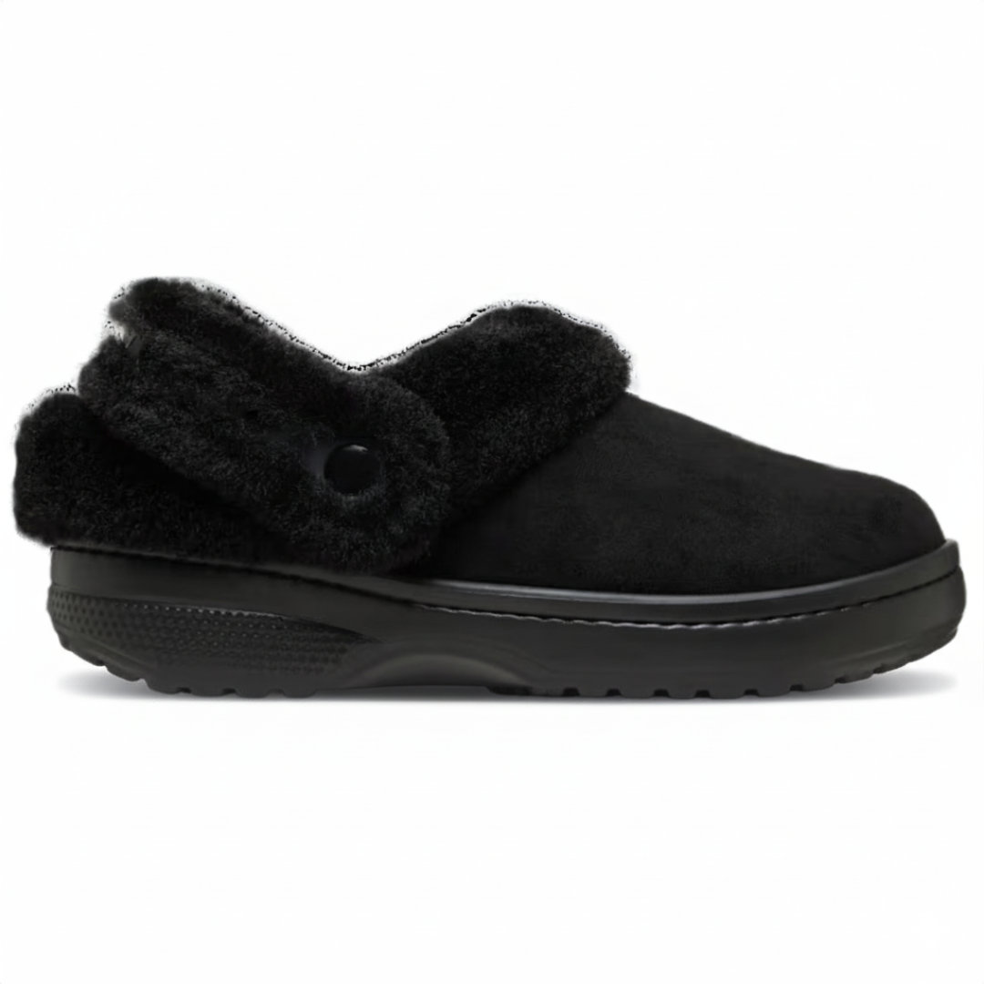 Faux Fur Lined Suede Clog With Adjustable Back Strap Design