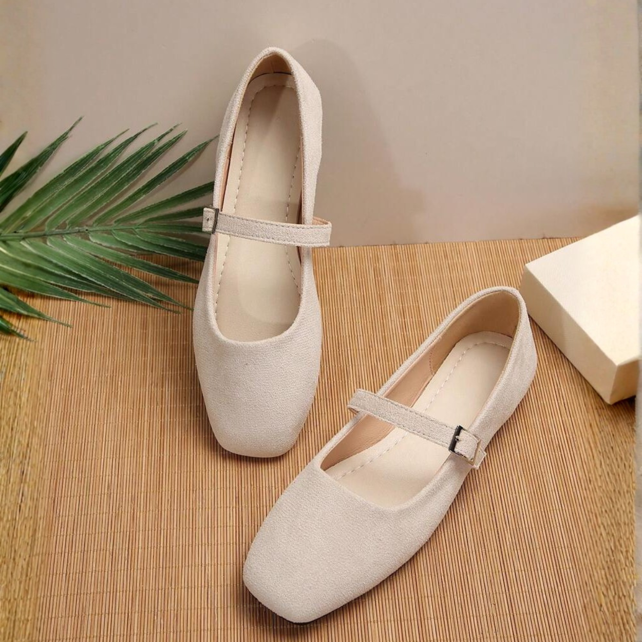 French Style Vintage Ballet Flats With Strap And Square Design in Khaki - Angled View