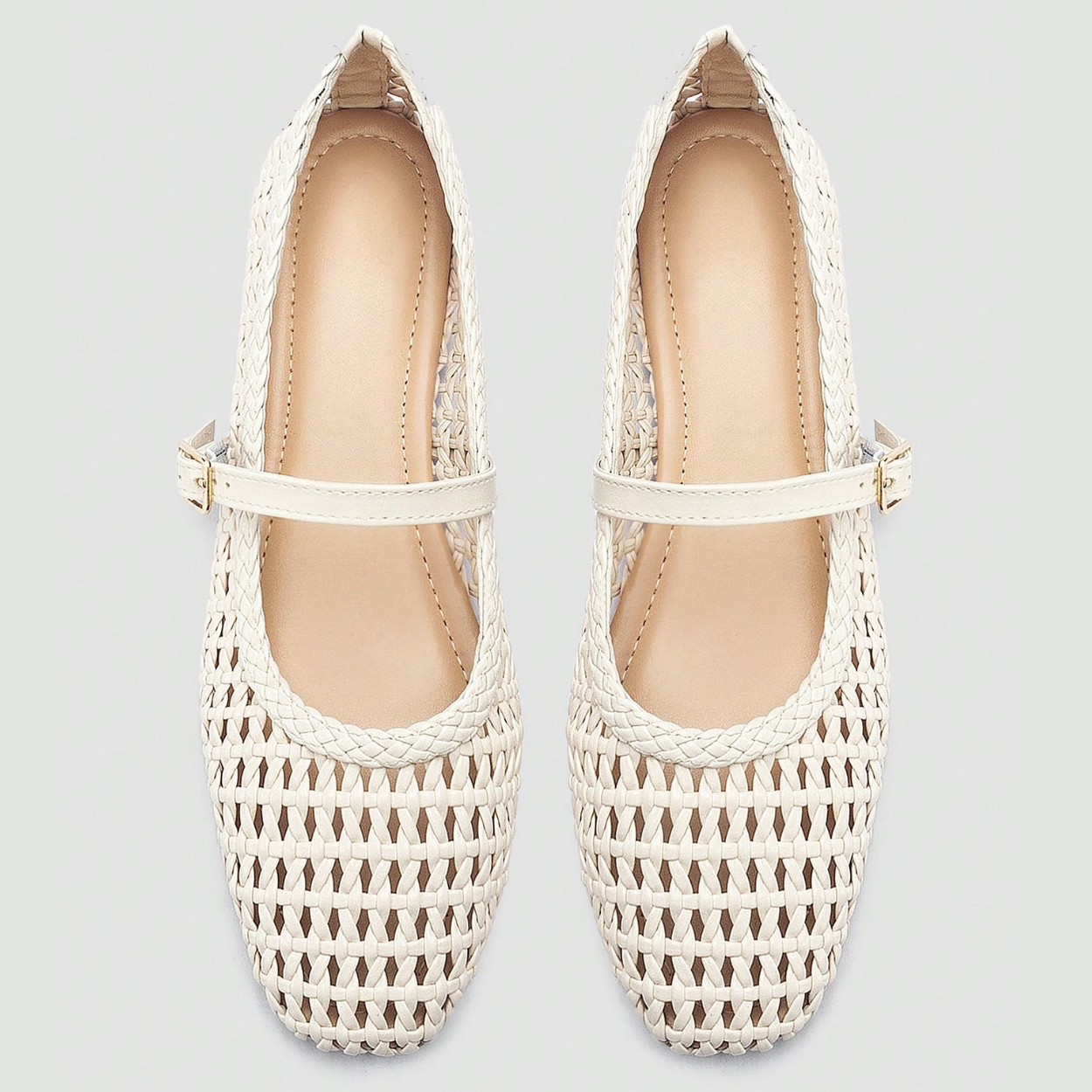 Woven Strap Buckle Casual Flat Shoes For Women in White - Front View
