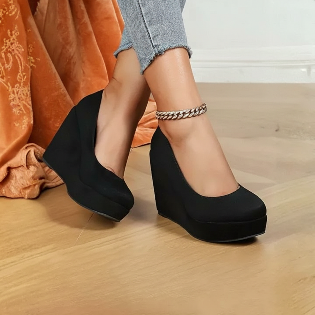 Round Front Suede Platform Court Heels - Angled View
