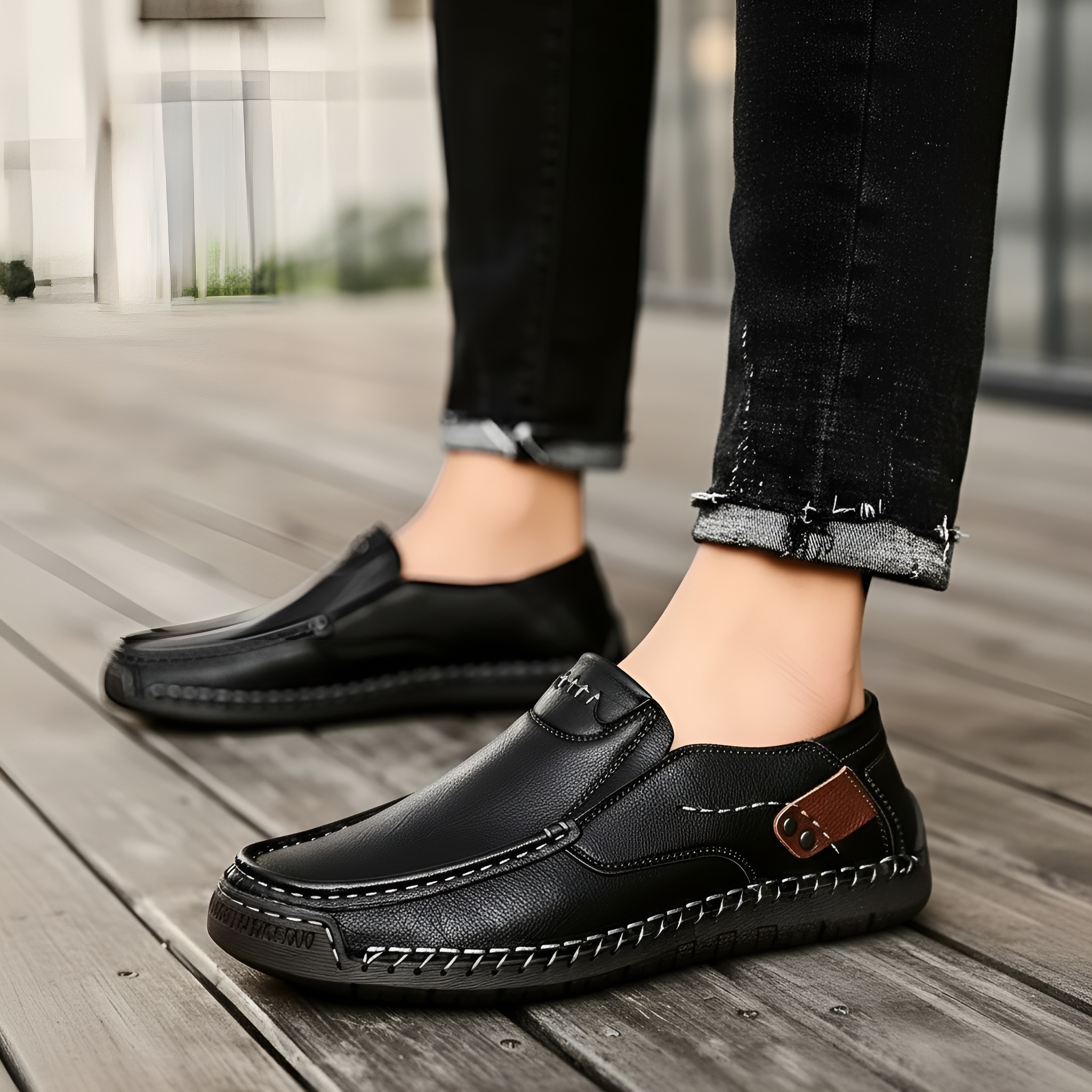 Men's Classic Leather Cushioned Shoes - Non-Slip Comfort in Brown - On-Foot View