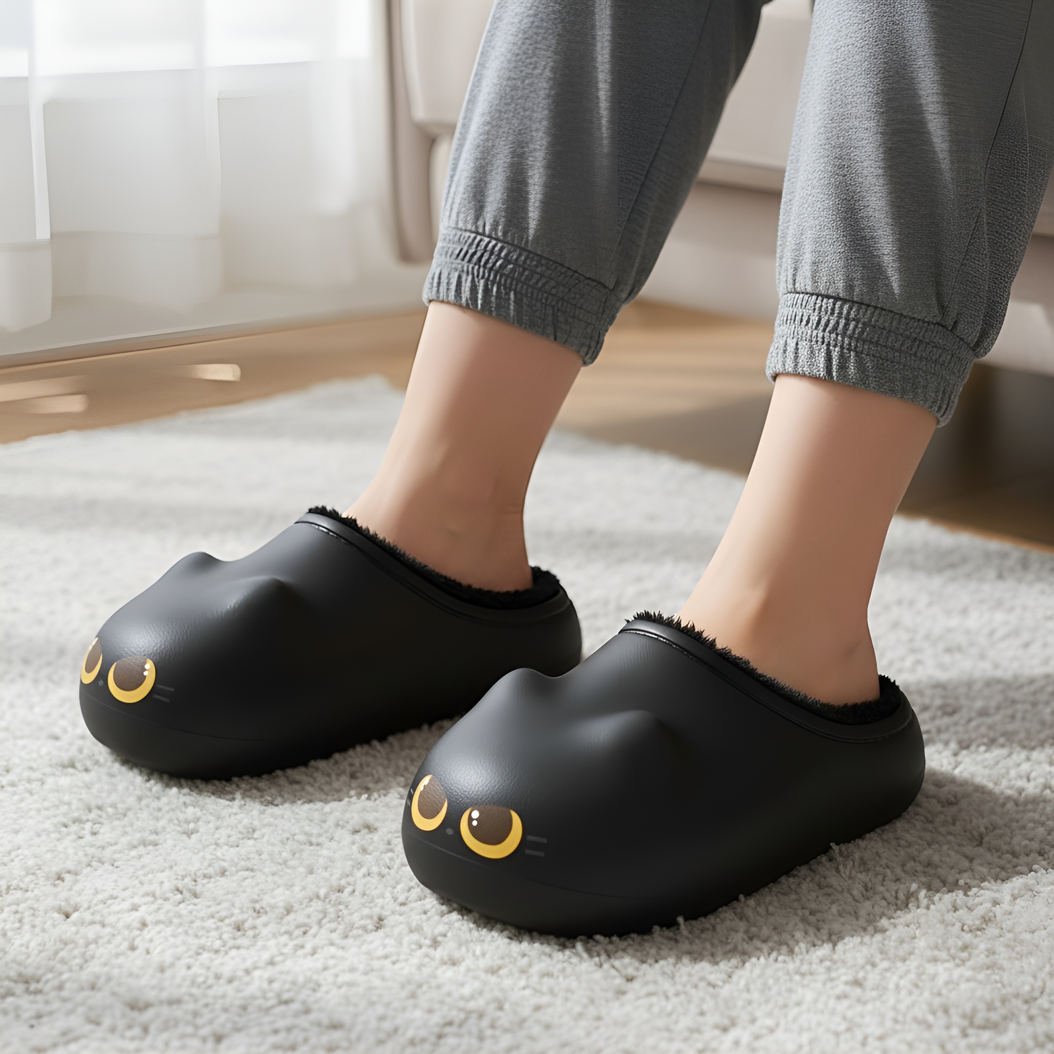 Women's Cat Themed Plush Slippers - Warm House Shoes in Black - Front View