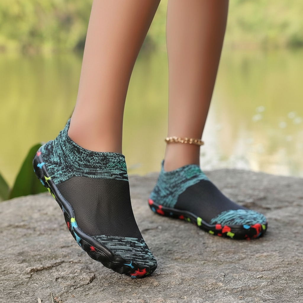 Quick Dry Soft Sole Barefoot Style Aqua Shoes in Light Green - Angled View