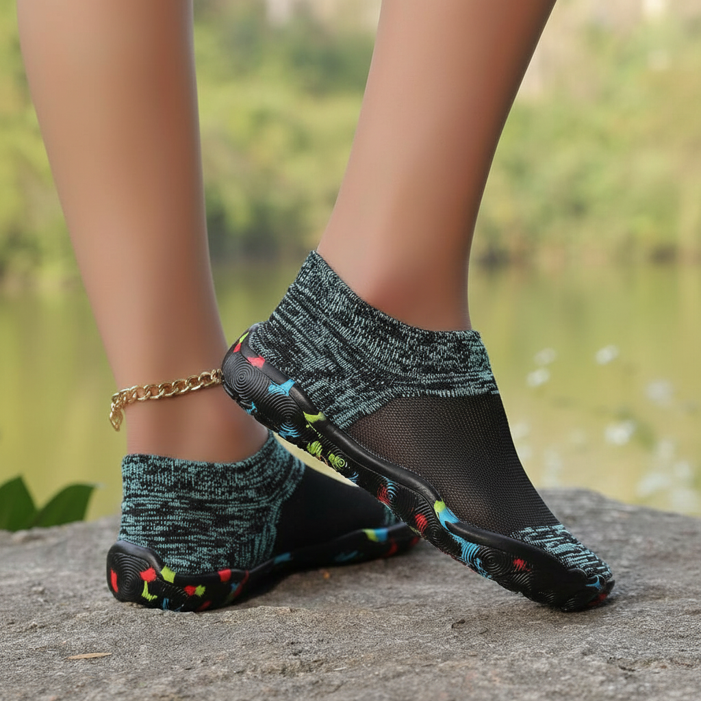 Quick Dry Soft Sole Barefoot Style Aqua Shoes in Pink - On-Foot View