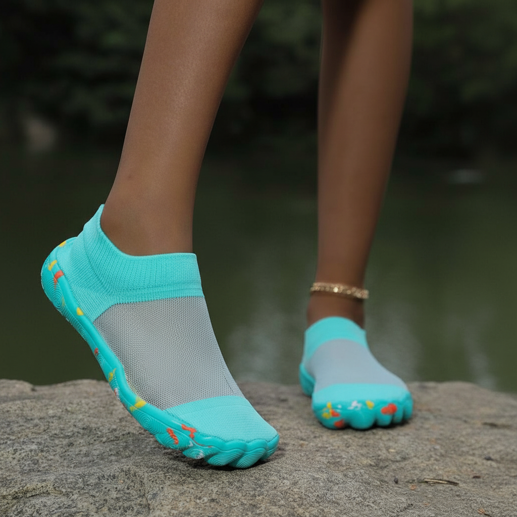 Quick Dry Soft Sole Barefoot Style Aqua Shoes in Yellow - On-Foot View