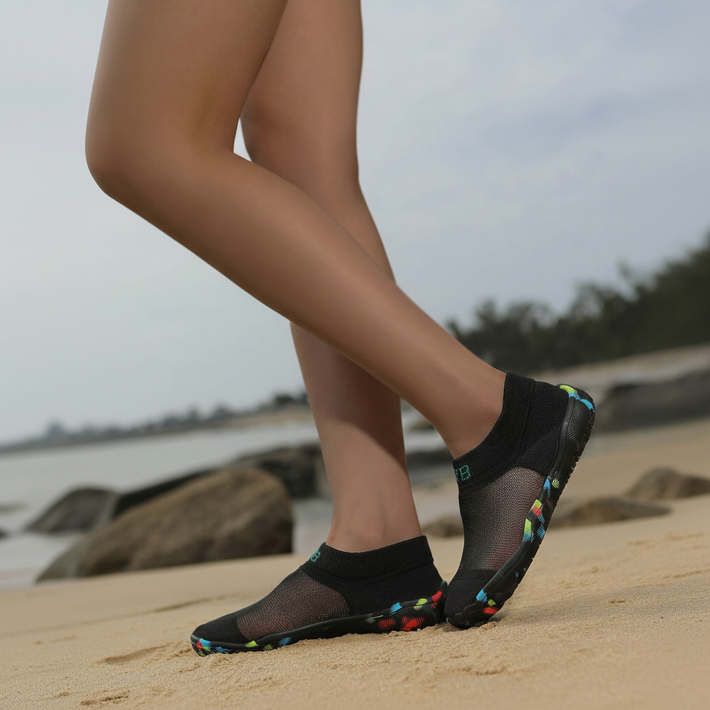 Quick Dry Soft Sole Barefoot Style Aqua Shoes in Black - Buckle Close-Up
