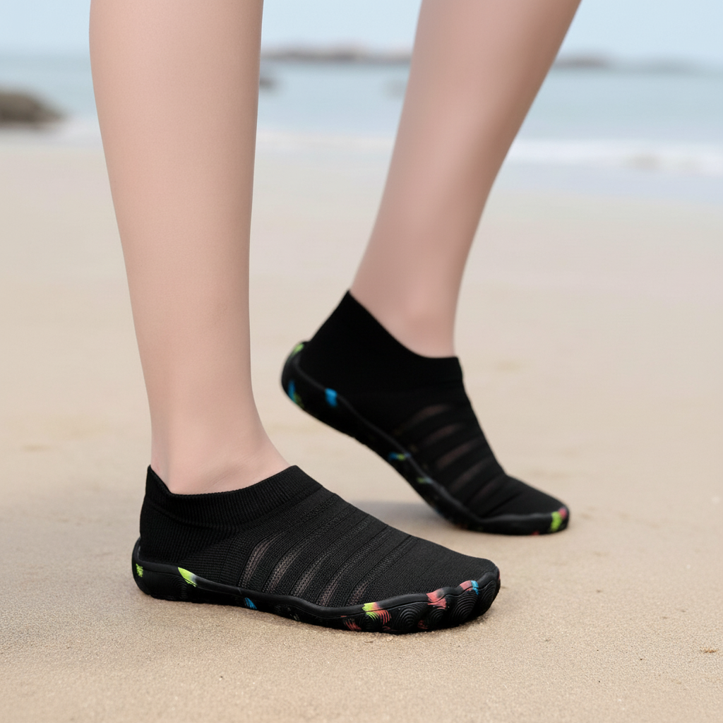 Flexible Quick Dry Lightweight Barefoot Aqua Socks in Black - Front View