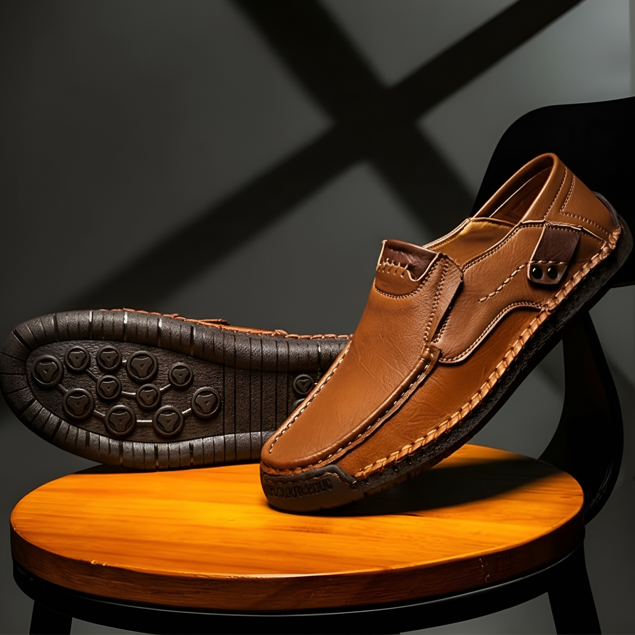 Men's Classic Leather Cushioned Shoes - Non-Slip Comfort in Black - Sole Detail