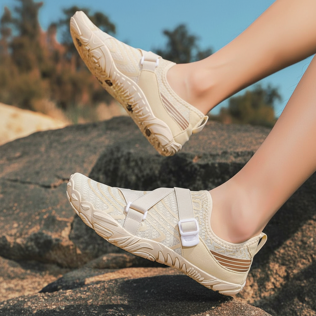 Adjustable Quick Dry Neutral Barefoot Shoes in Beige - Angled View