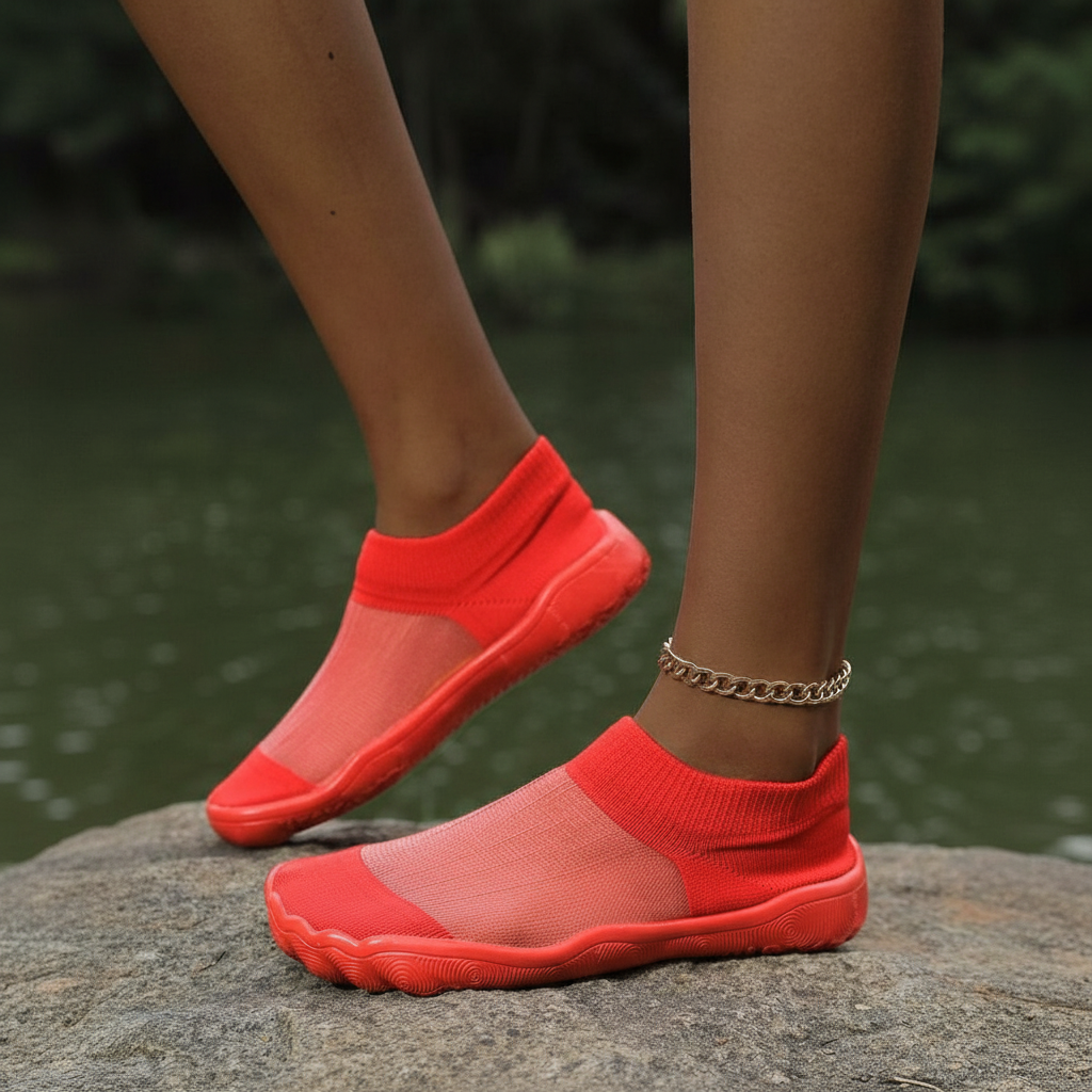 Quick Dry Soft Sole Barefoot Style Aqua Shoes in Red - Close-Up Detail
