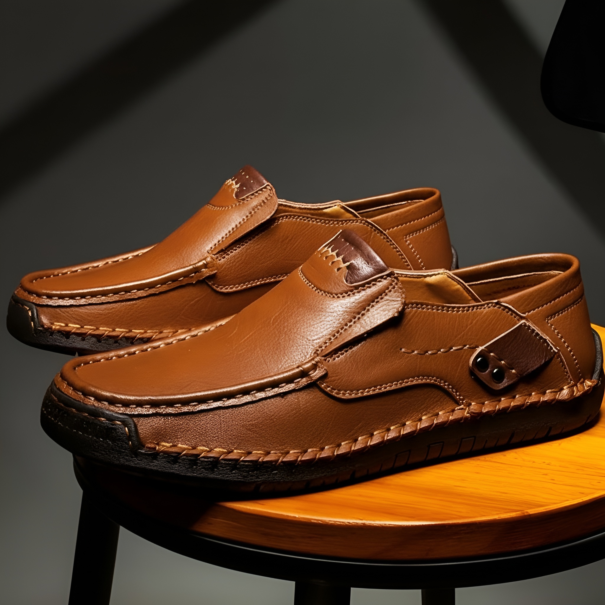 Men's Classic Leather Cushioned Shoes - Non-Slip Comfort in Dark Brown - Strap Detail