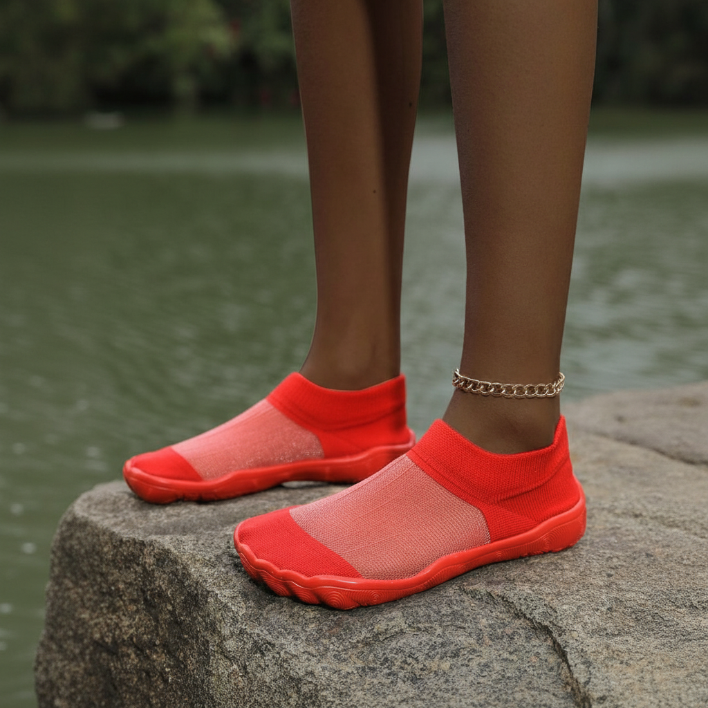 Quick Dry Soft Sole Barefoot Style Aqua Shoes in Light Green - On-Foot View