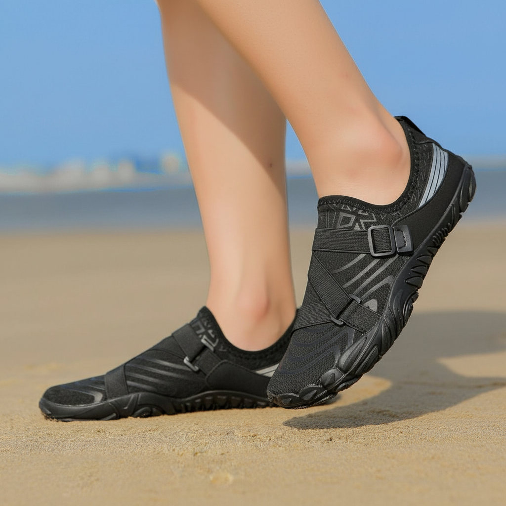 Adjustable Quick Dry Neutral Barefoot Shoes in Black - Front View
