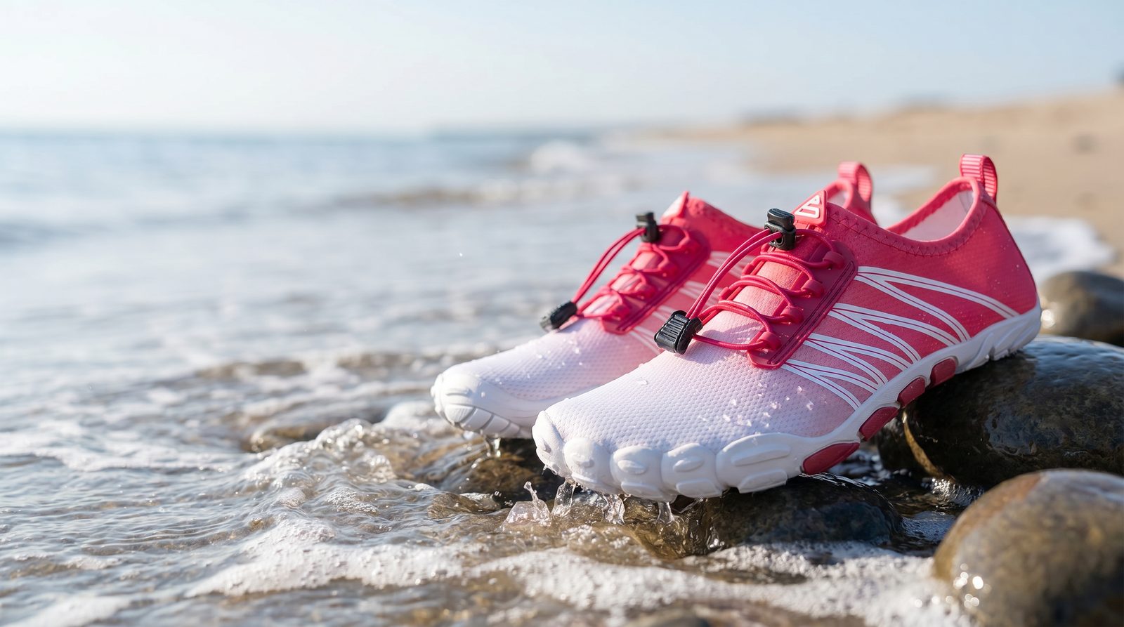 Red and white quick-dry water shoes on wet rocks at the shoreline