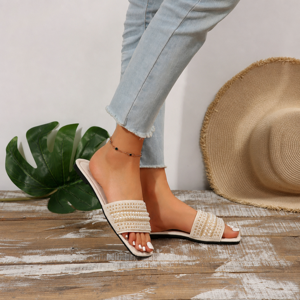 Pearl And Rhinestone Embellished Square Toe Slide Sandals for Women