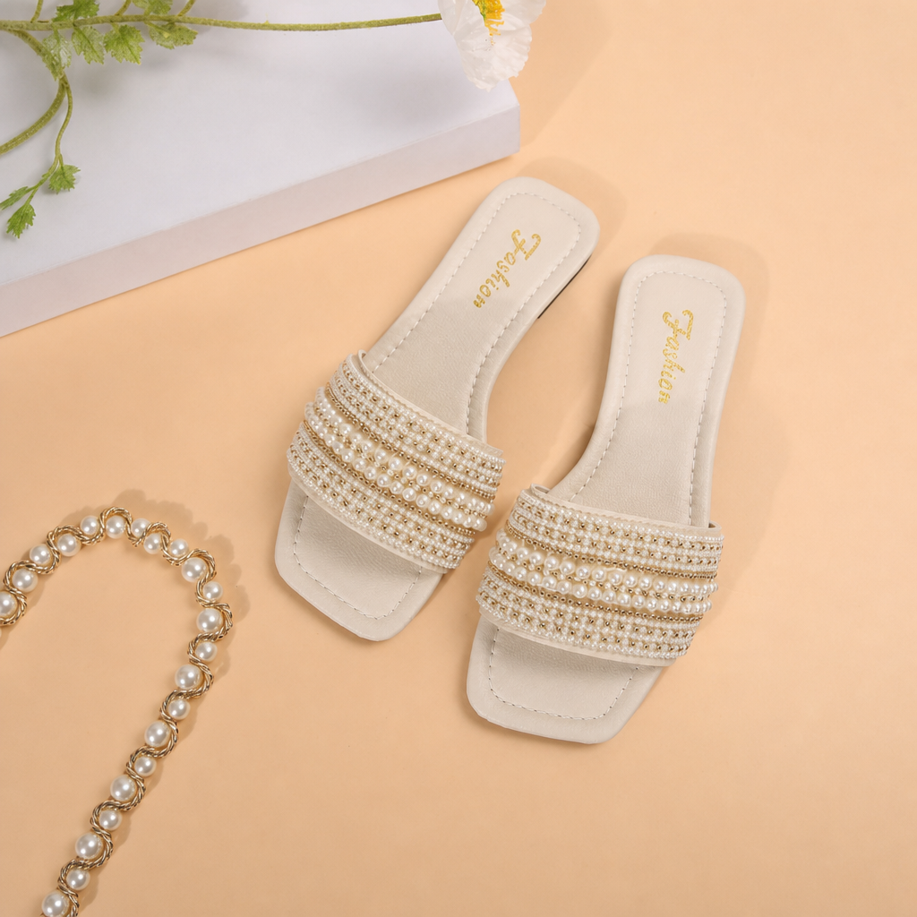 Pearl And Rhinestone Embellished Square Toe Slide Sandals for Women