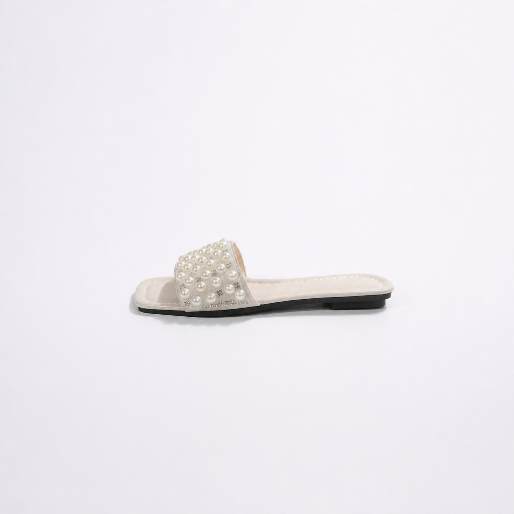 Pearl And Rhinestone Embellished Square Toe Slide Sandals for Women