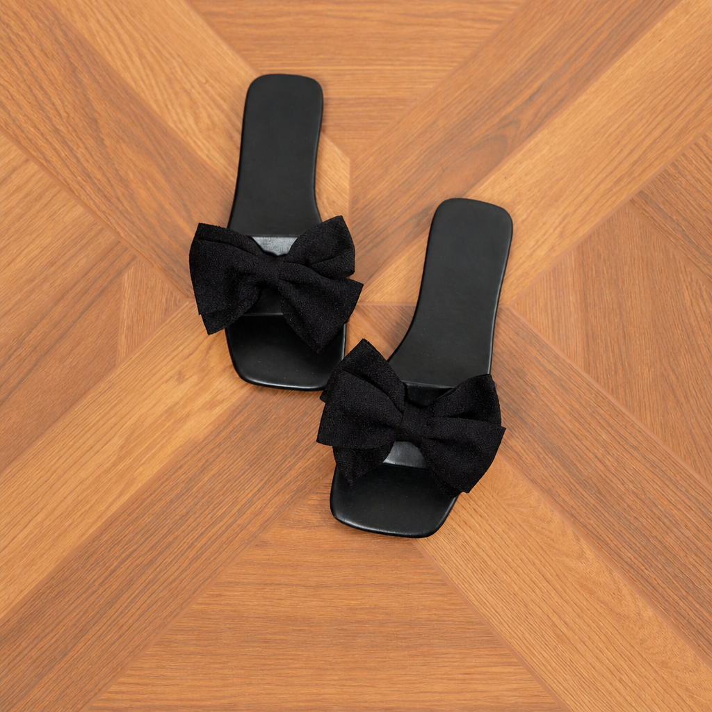 Bow Knot Square Toe Flat Slide Sandals for Women