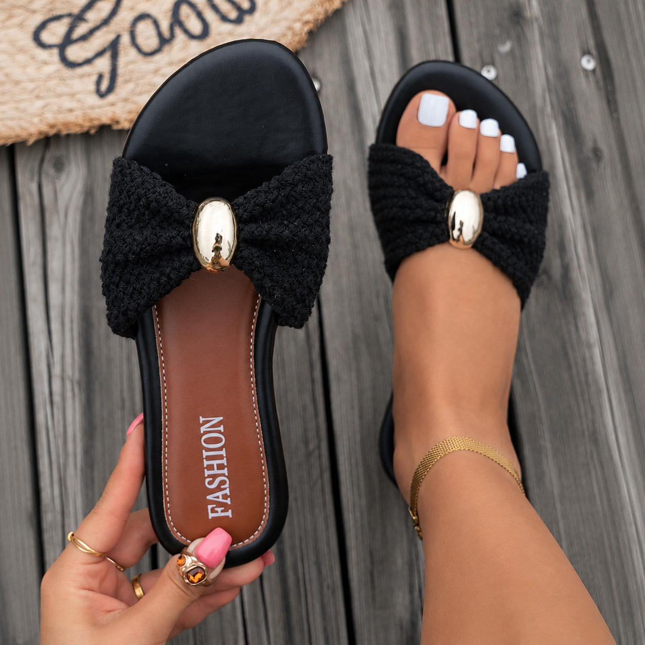 Bow Accent Flat Slip On Slide Sandals For Women Casual Wear