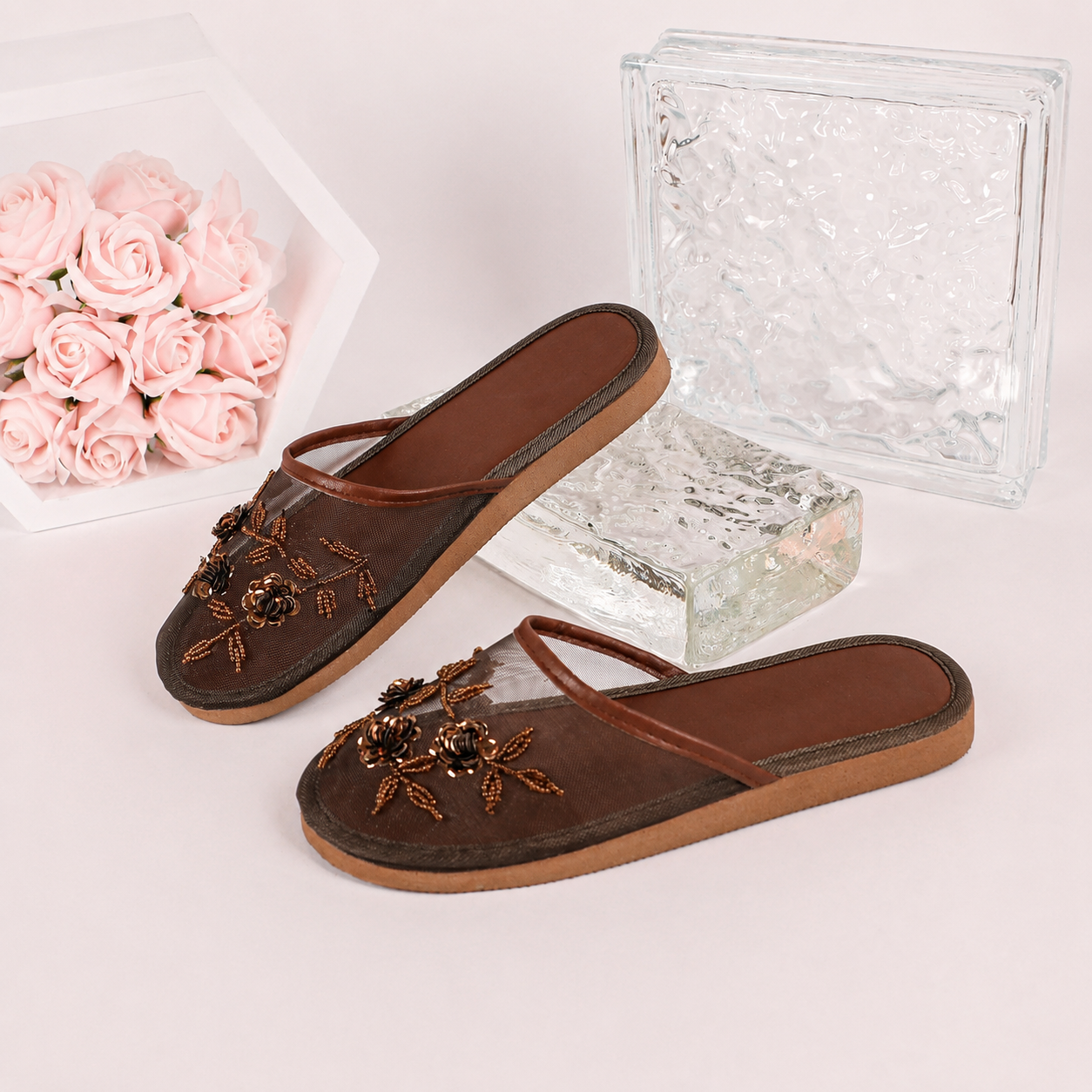 Floral Beaded Mesh Mule Sandals With Flat Slip On Design For Women