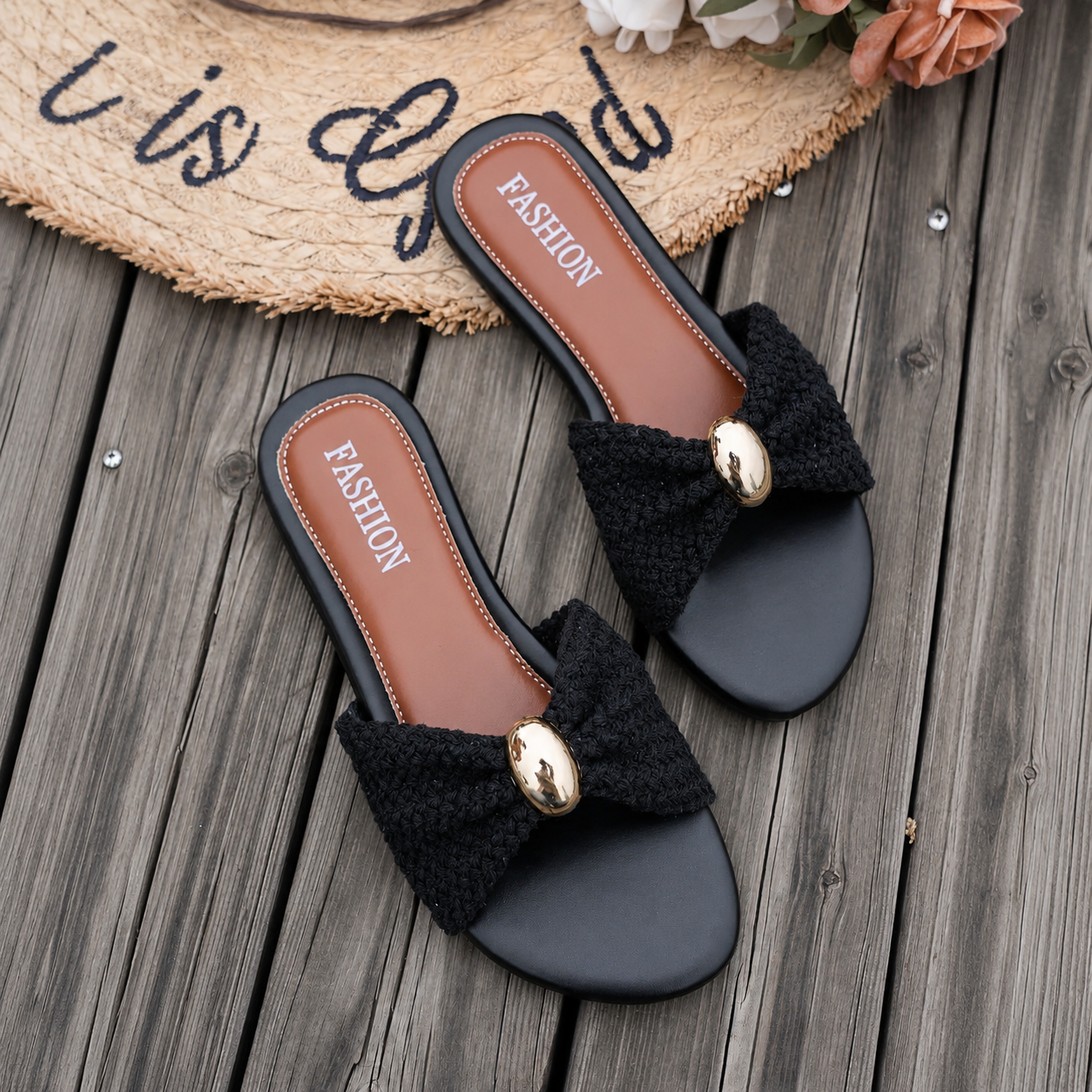 Bow Accent Flat Slip On Slide Sandals For Women Casual Wear