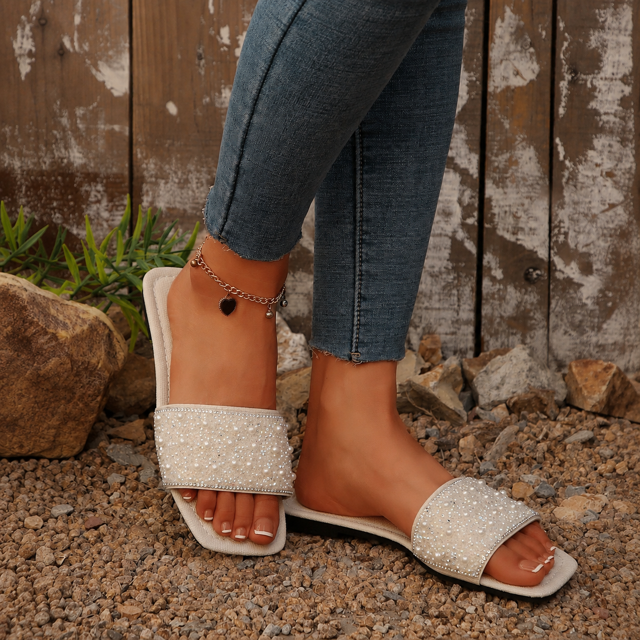 Classic Slip On Flat Sandals With Sparkling Detail For Women