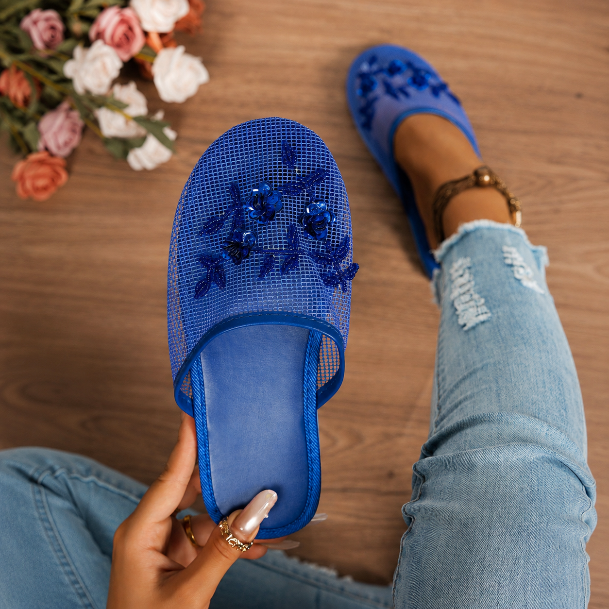 Floral Beaded Mesh Mule Sandals With Flat Slip On Design For Women