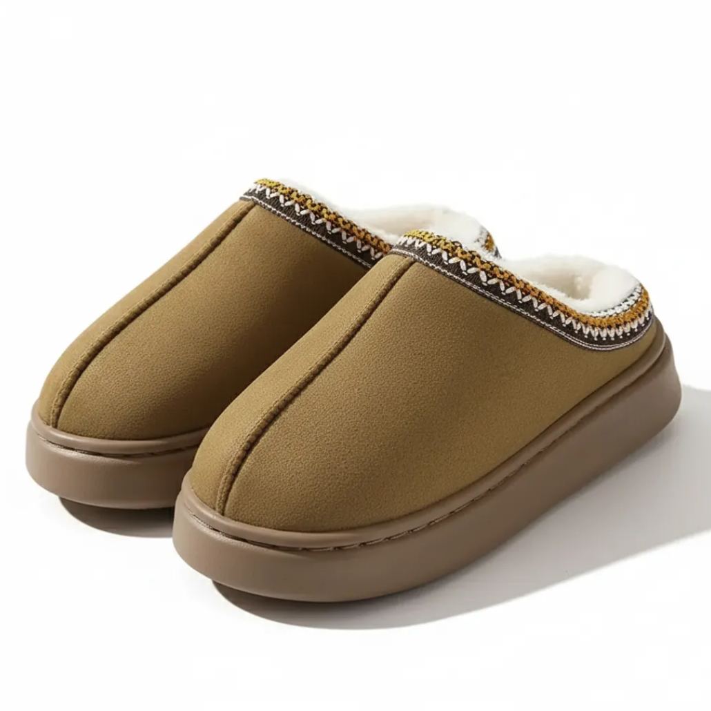 Women's Fleece Slippers - Indoor House Shoes in Gray - Close-Up Detail