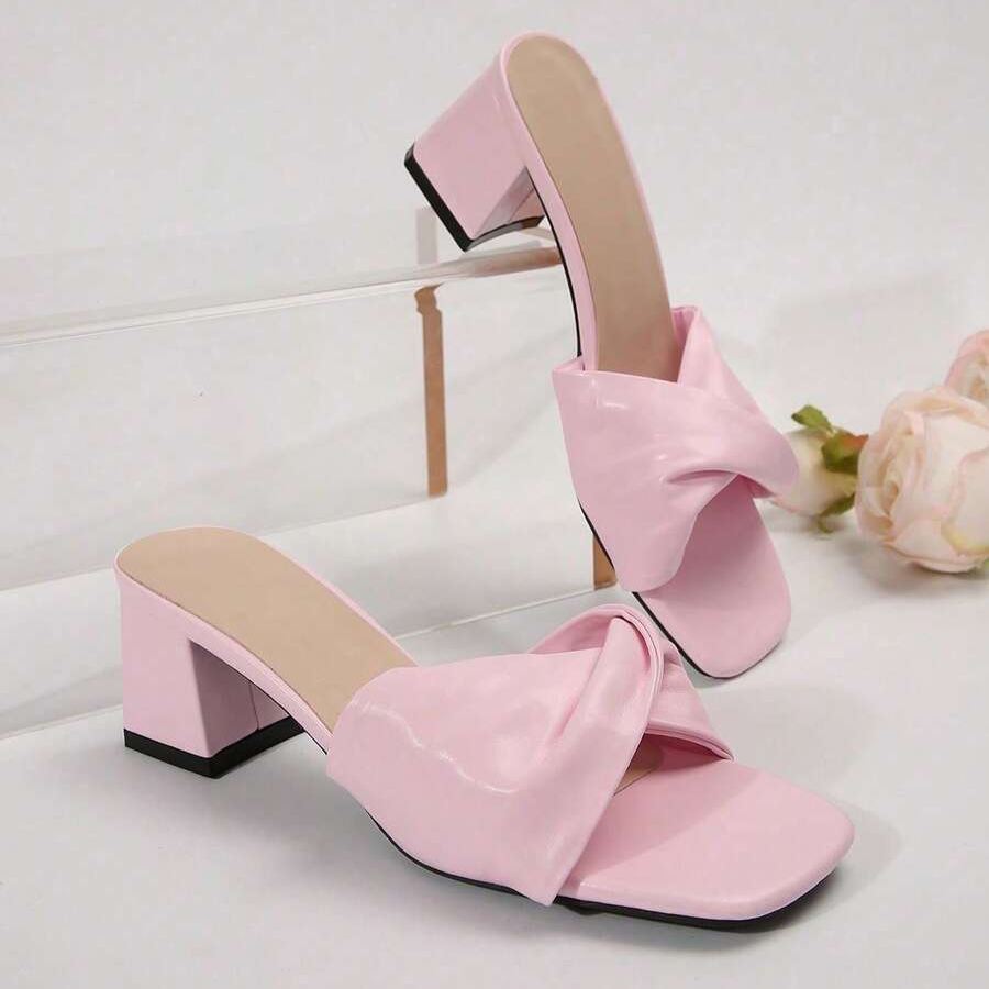 Twist Knot Block Mid Heel Sandals in Brown - Profile View