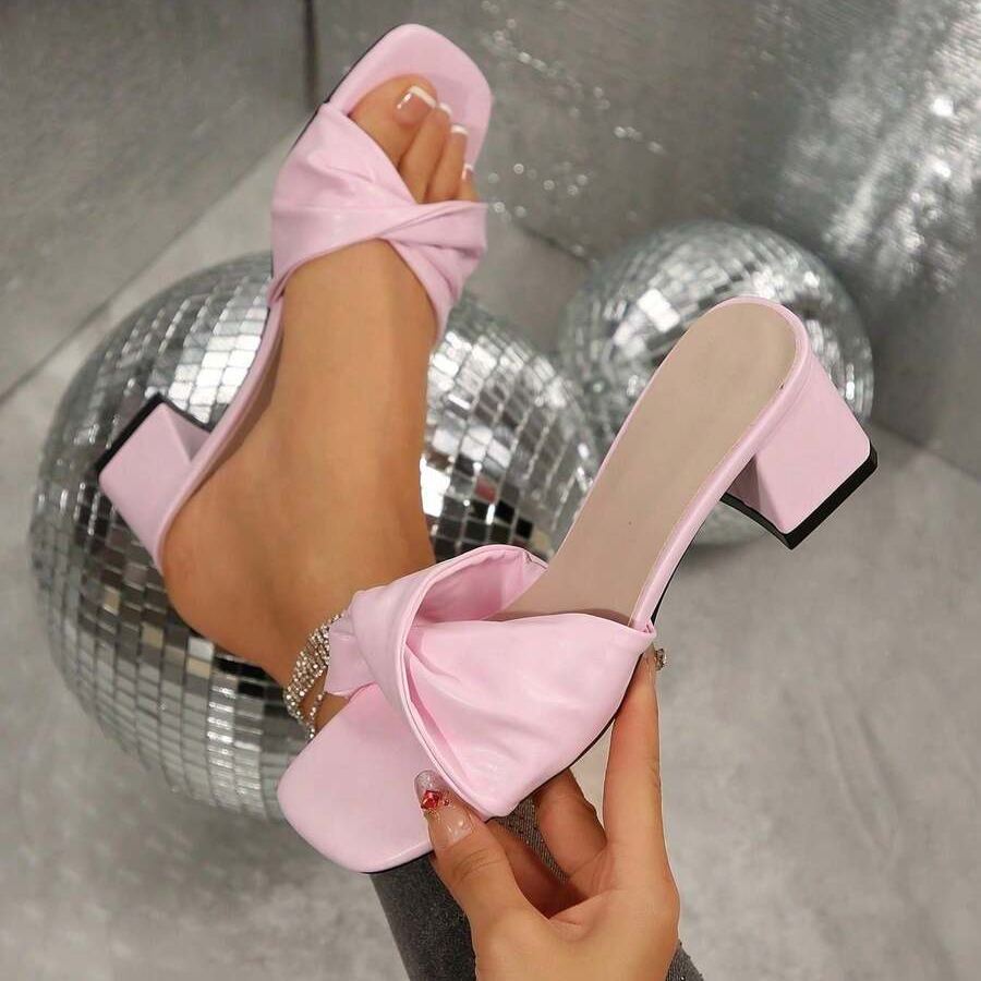 Twist Knot Block Mid Heel Sandals in Gray - Lifestyle Shot