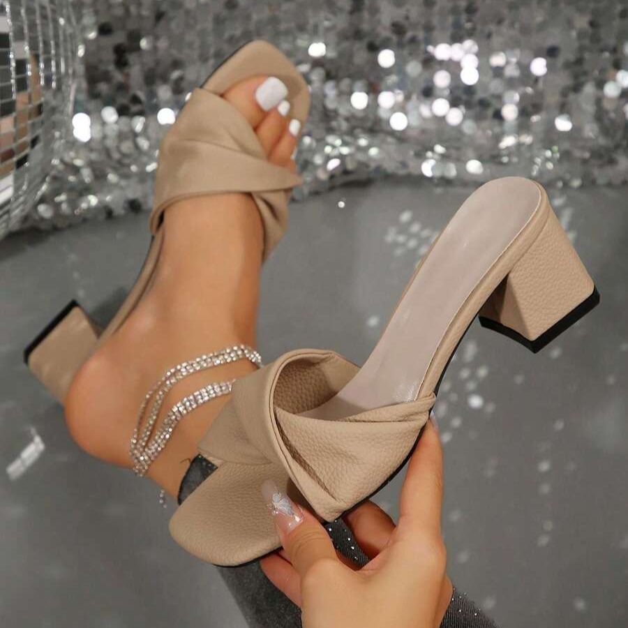 Twist Knot Block Mid Heel Sandals in White - Front View