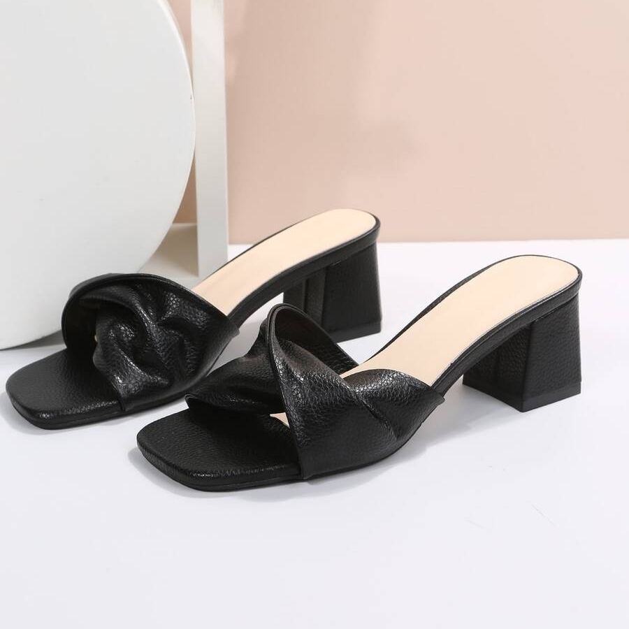 Twist Knot Block Mid Heel Sandals in Black - Front View