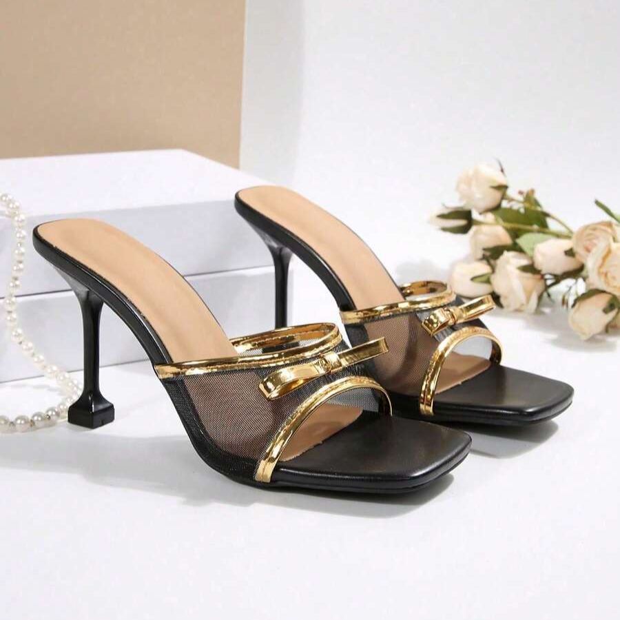 Twist Knot Block Mid Heel Sandals in Black - Sole Detail