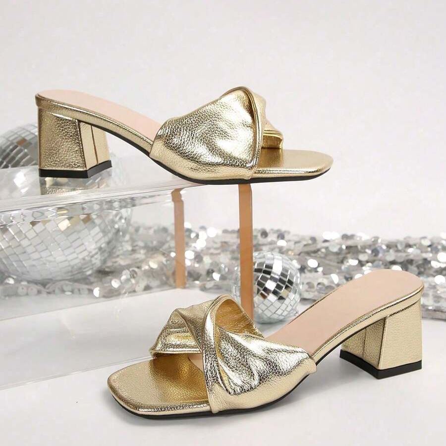 Twist Knot Block Mid Heel Sandals in White - Strap Detail