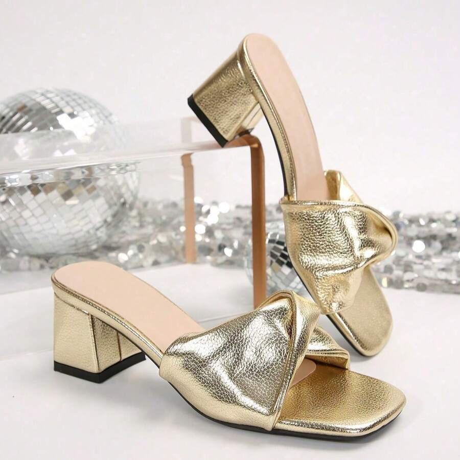 Twist Knot Block Mid Heel Sandals in Brown - Left Side