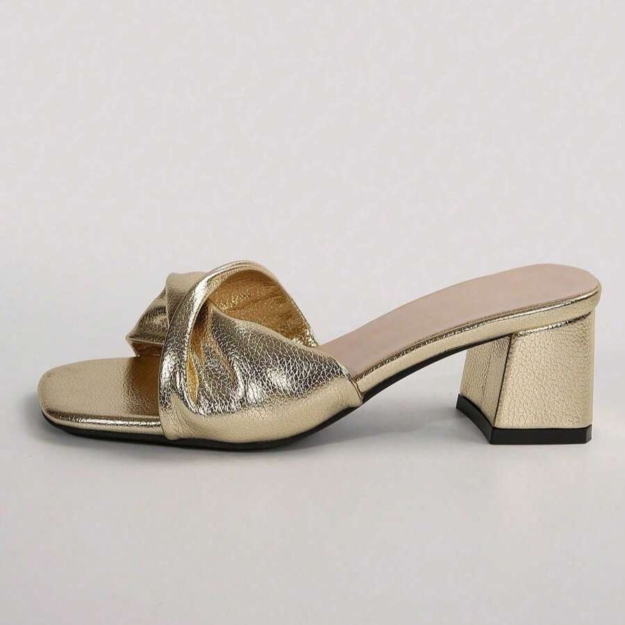 Twist Knot Block Mid Heel Sandals in Black - Pair View