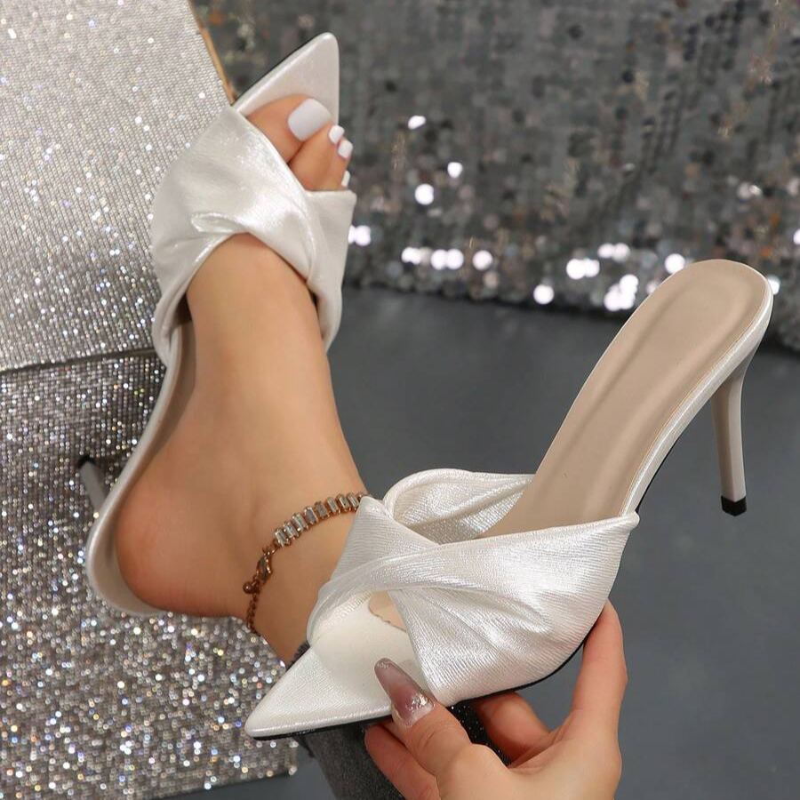 Twist Knot Block Mid Heel Sandals in Charcoal - Bottom View