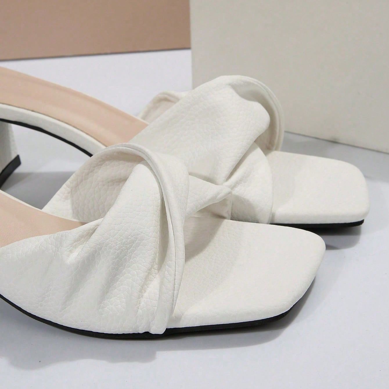 Twist Knot Block Mid Heel Sandals in Pink - Quarter View